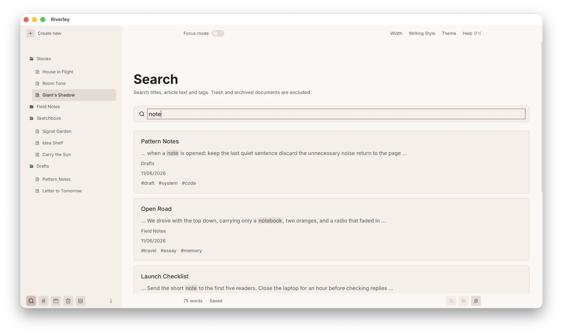 Riverley local search results across a writing workspace