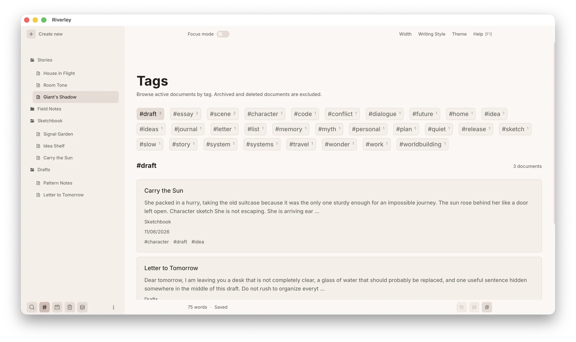 Riverley tag management screen for related notes